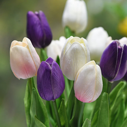 Mix White and Purple Real Touch Tulips Artificial Flowers Bouquet 15 Stems
