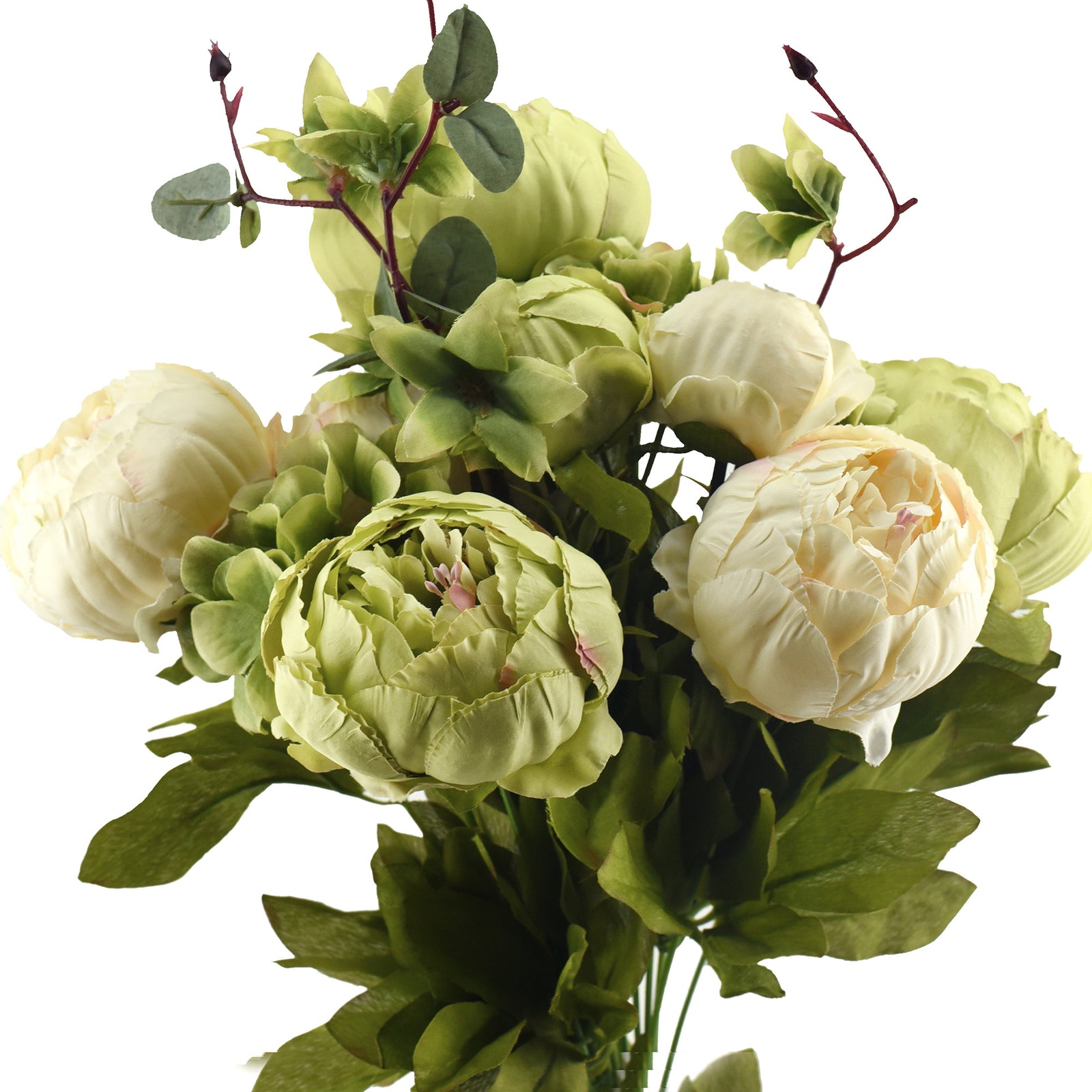 Mixed Cream Beige and Moss Green Vintage Artificial Peonies Silk Flowers and Hydrangeas