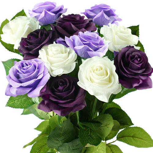 Real Touch 12 Stems Dark Purple | White Mix Silk Artificial Roses Flowers ‘Petals Feel and Look like Fresh Roses'