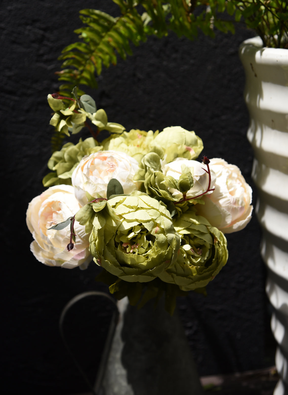 Mixed Cream Beige and Moss Green Vintage Artificial Peonies Silk Flowers and Hydrangeas