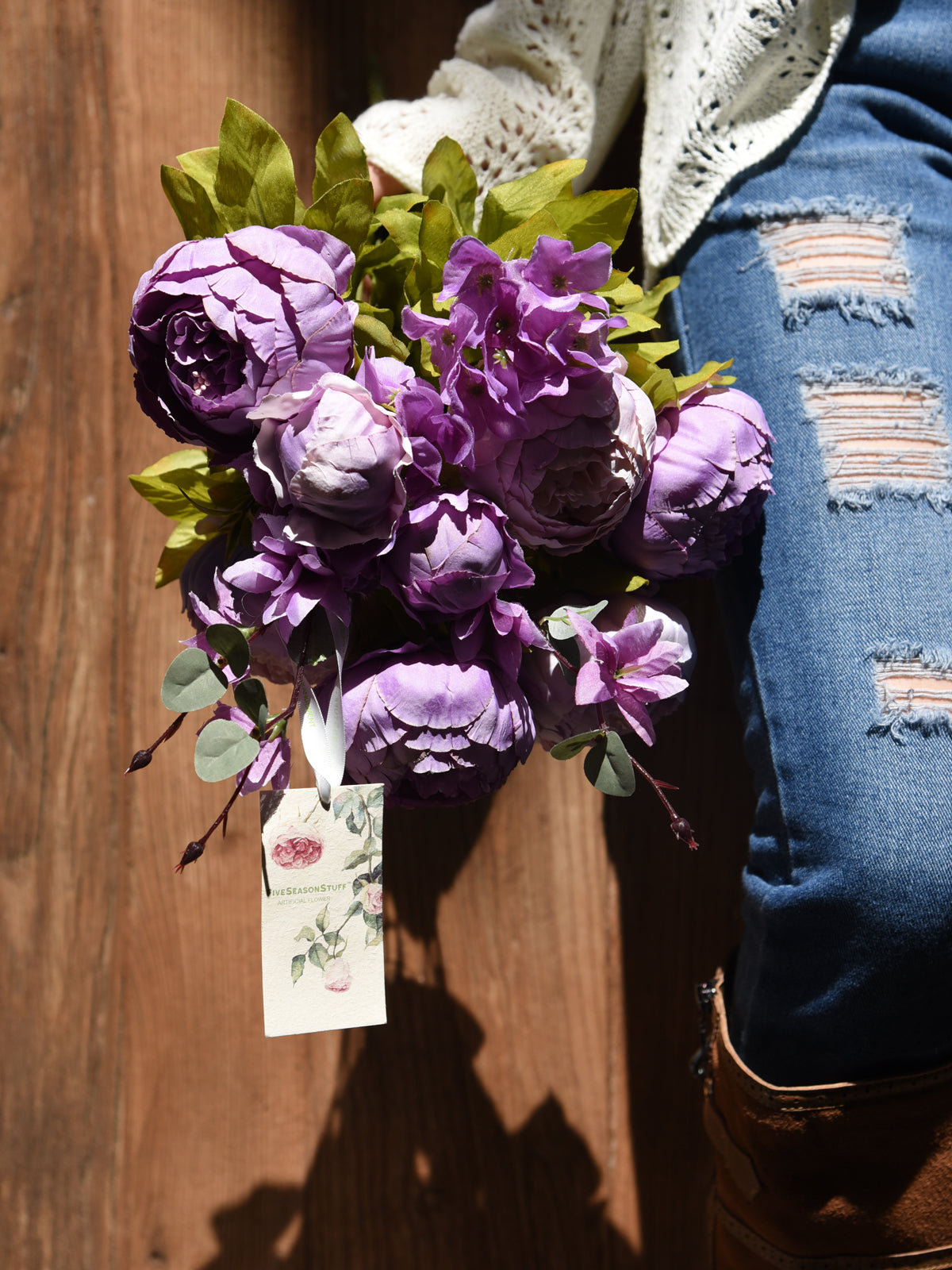 FiveSeasonStuff 2 Bundles White|Purple Silk Peonies Artificial Flower Bouquet
