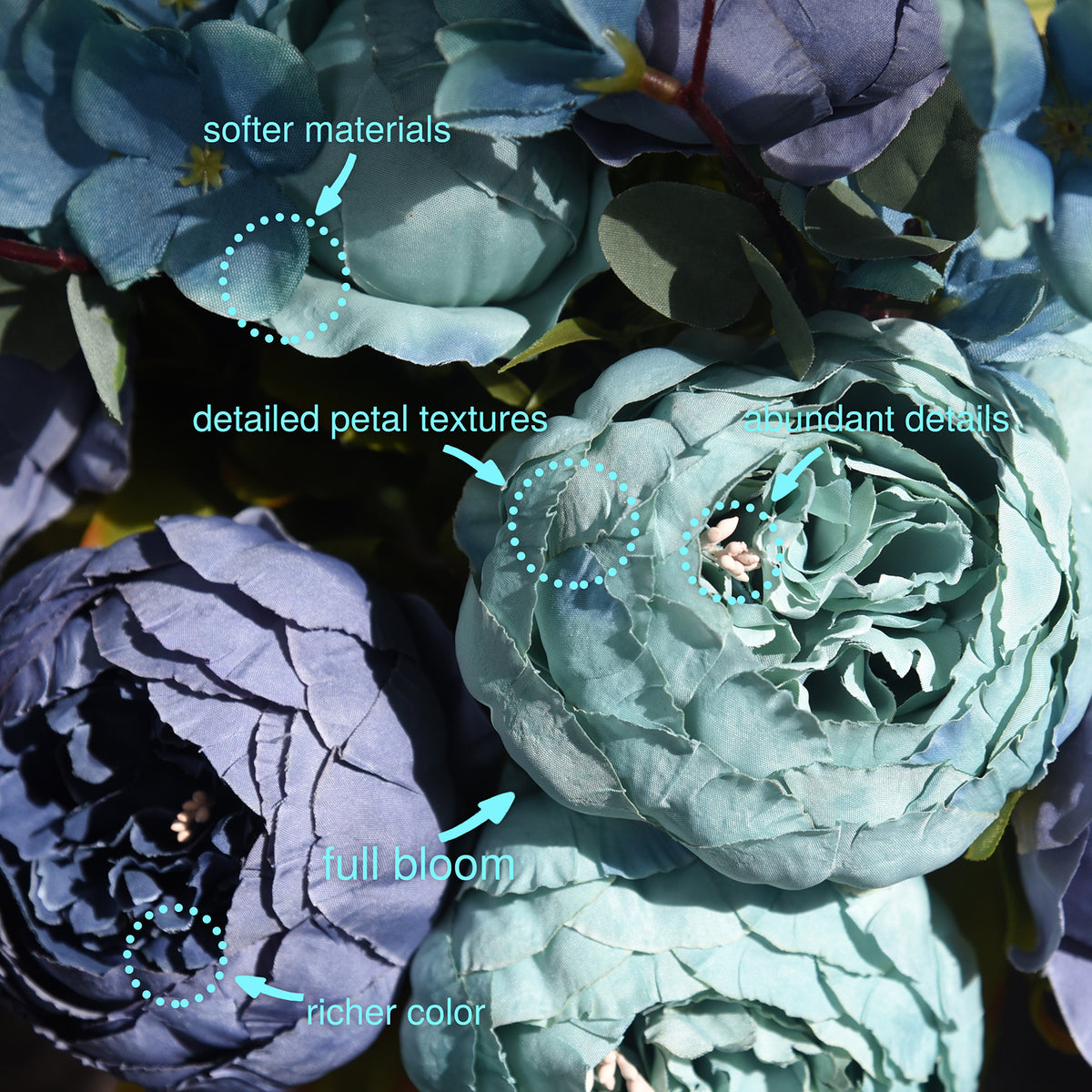 Mixed Blue Silk Peonies Artificial Flower Bouquet FiveSeasonStuff