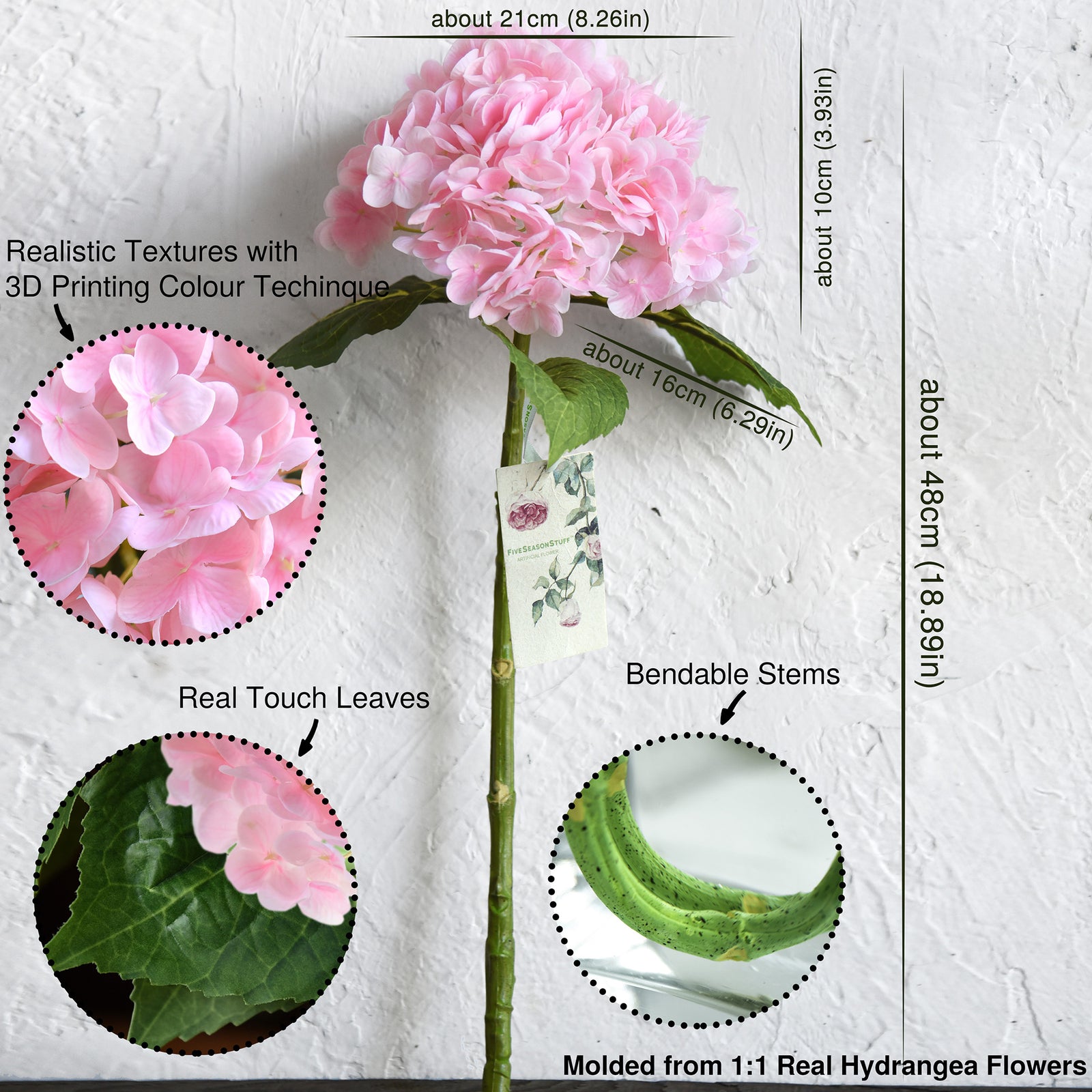 FiveSeasonStuff 2 Stems Real Touch Petals and Leaves Artificial Hydrangea Flowers Long Stem Floral Arrangement | for Wedding Bridal Party Home Décor DIY Floral Decoration (Pink)