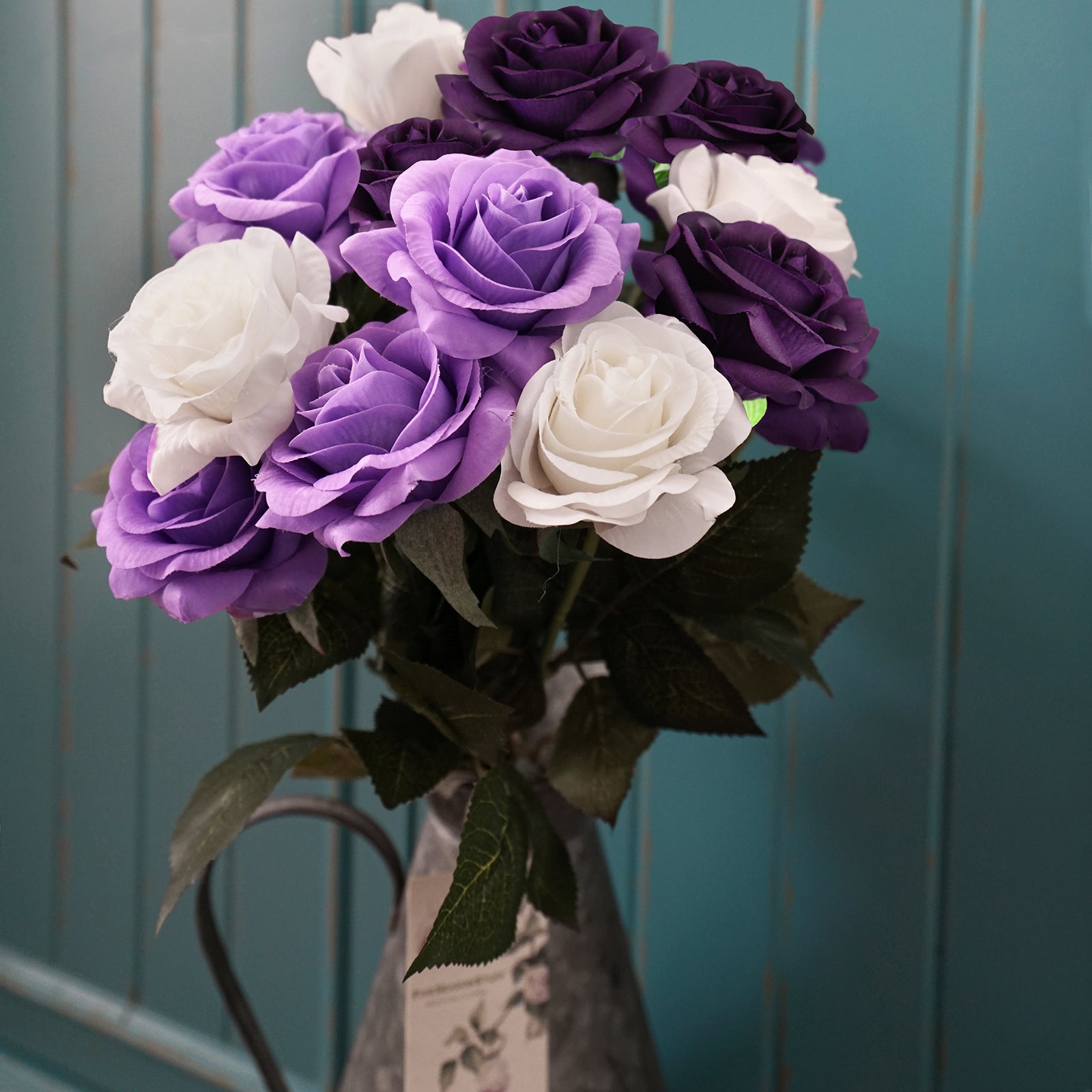 Real Touch 12 Stems Dark Purple | White Mix Silk Artificial Roses Flowers ‘Petals Feel and Look like Fresh Roses'