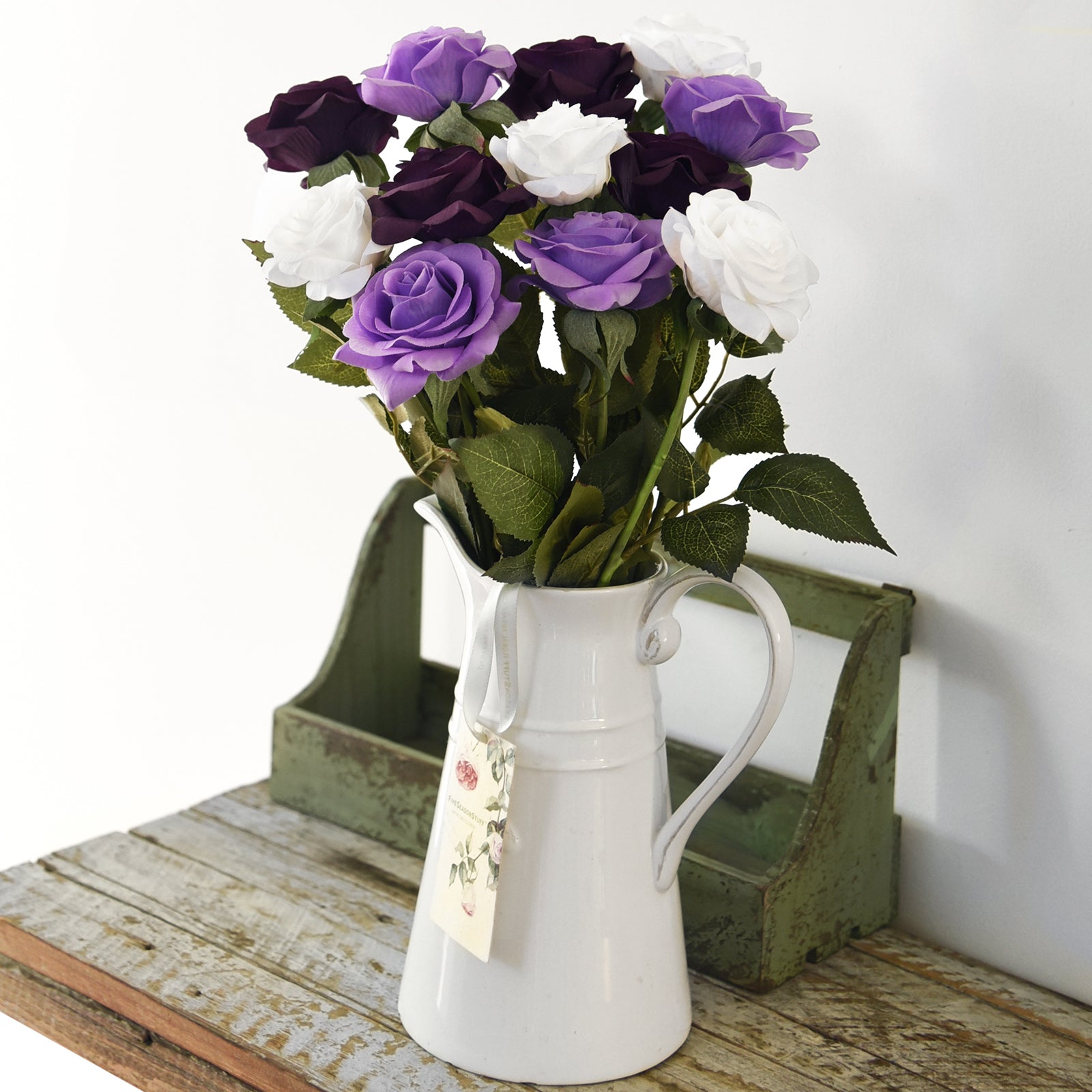 Real Touch 12 Stems Dark Purple | White Mix Silk Artificial Roses Flowers ‘Petals Feel and Look like Fresh Roses'