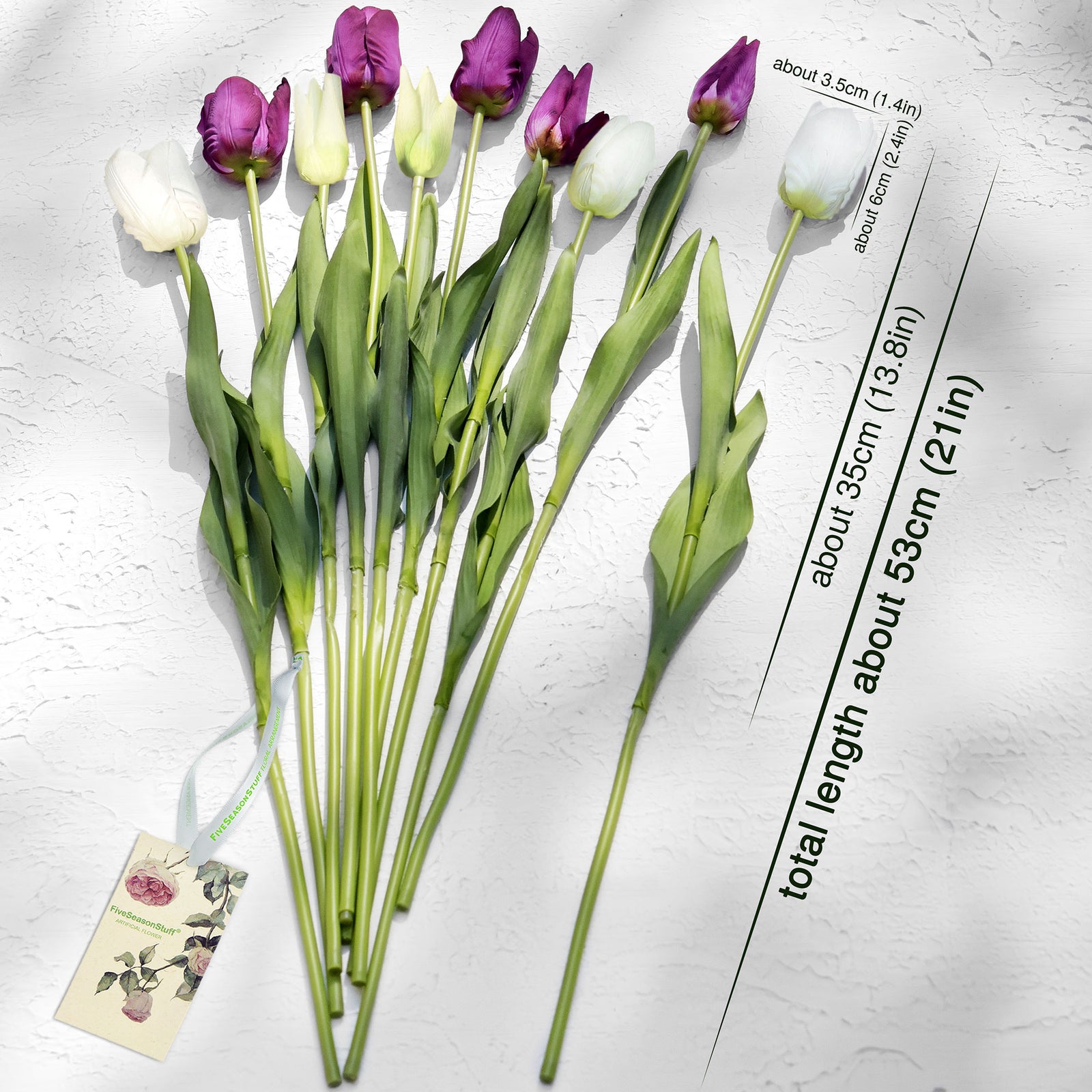 FiveSeasonStuff 10 Stems of (White & Purple) Soft and Long Stem Real Touch Tulip Artificial Flowers Bouquet, Wedding, Bridal, Home Decor (Dreamy Innocence)