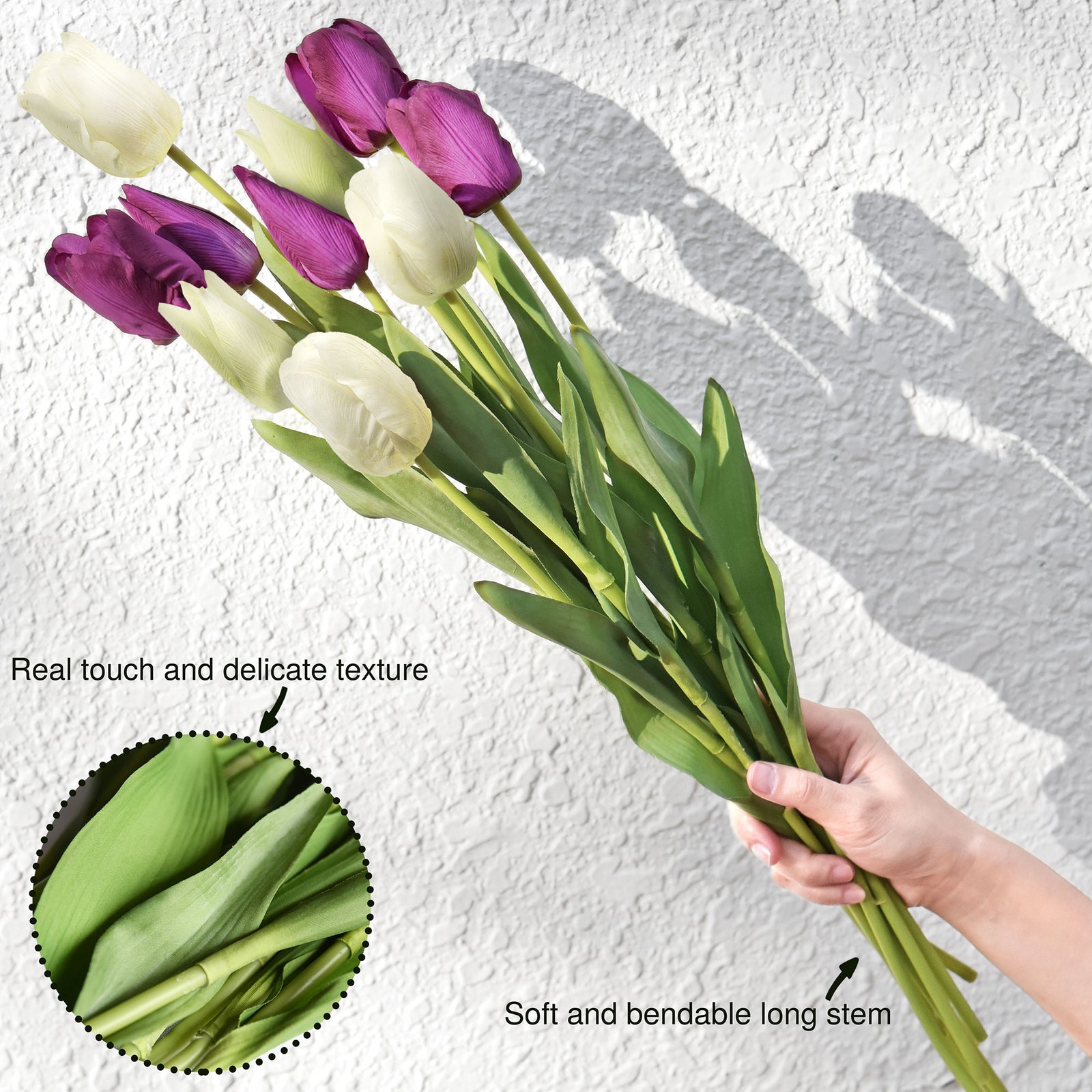 FiveSeasonStuff 10 Stems of (White & Purple) Soft and Long Stem Real Touch Tulip Artificial Flowers Bouquet, Wedding, Bridal, Home Decor (Dreamy Innocence)